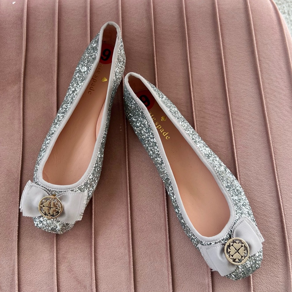 kate spade silver glitter ballet flats with bow and gold medallion